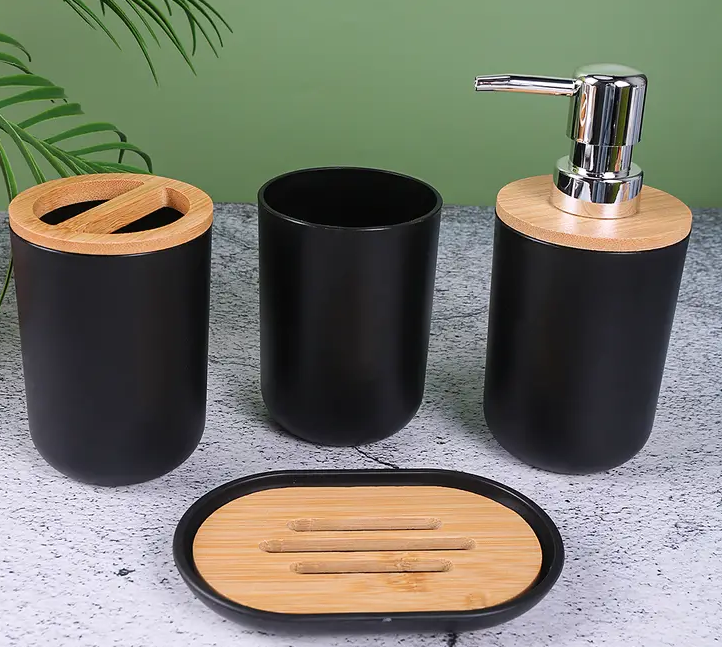 Set of 4 Bathroom Toiletries with Bamboo Cover (350ml)