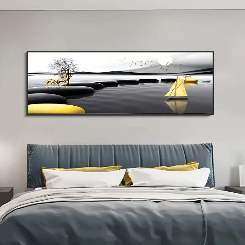 Canvas Landscape Painting in Golden Black 15.75x59.05 Inch