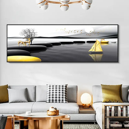 Canvas Landscape Painting in Golden Black 15.75x59.05 Inch