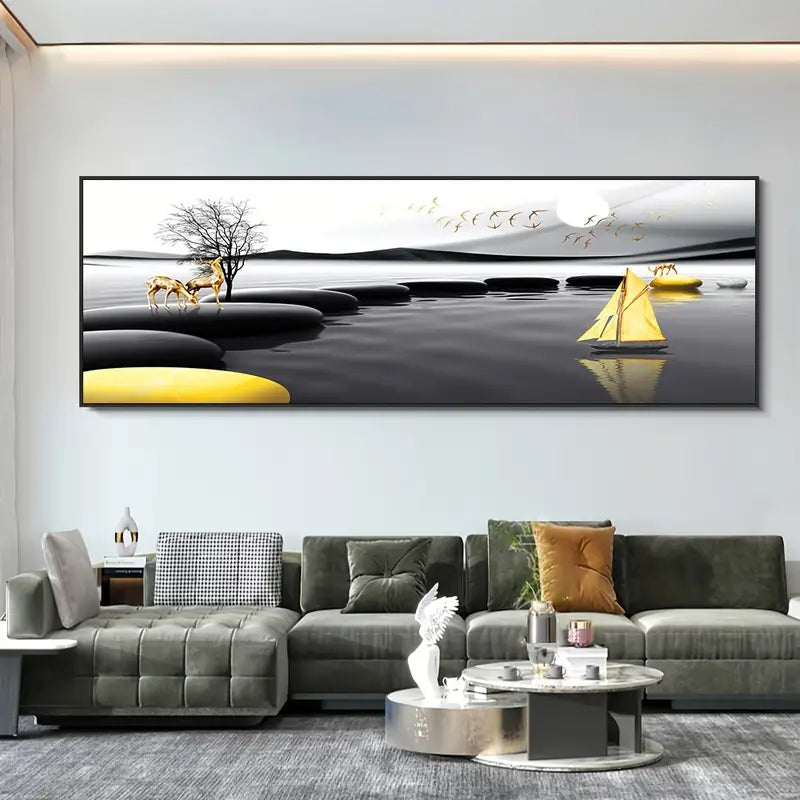 Canvas Landscape Painting in Golden Black 15.75x59.05 Inch