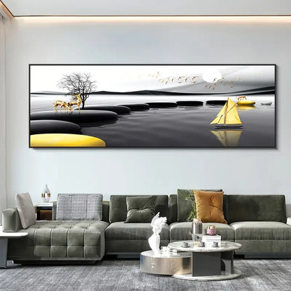 Canvas Landscape Painting in Golden Black 15.75x59.05 Inch