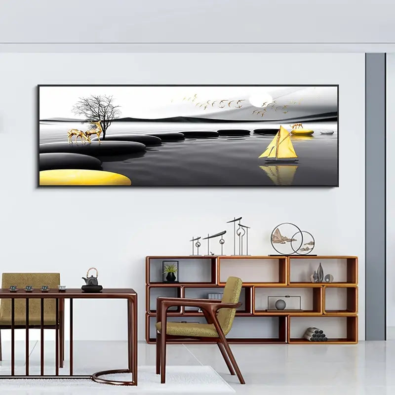 Canvas Landscape Painting in Golden Black 15.75x59.05 Inch