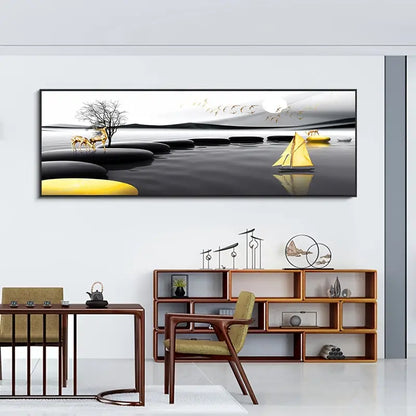 Canvas Landscape Painting in Golden Black 15.75x59.05 Inch