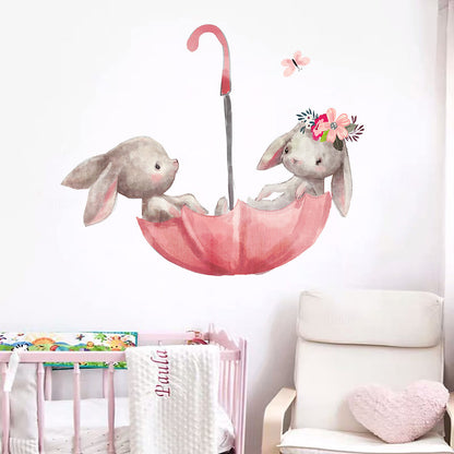 Pink Umbrella Bunnies Wall Stickers for Kids' Room