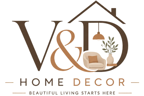 A logo-style graphic reading 'V&D HOME DECOR' with the words 'BEAUTIFUL LIVING STARTS HERE' below, featuring a house outline, lamp, plant, and armchair inside the lettering on a light cream background.
