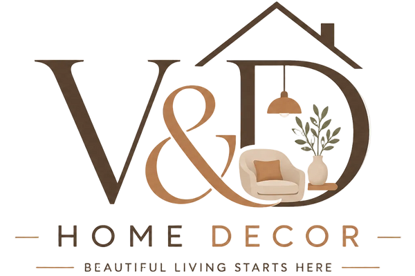 A logo-style graphic reading 'V&D HOME DECOR' with the words 'BEAUTIFUL LIVING STARTS HERE' below, featuring a house outline, lamp, plant, and armchair inside the lettering on a light cream background.