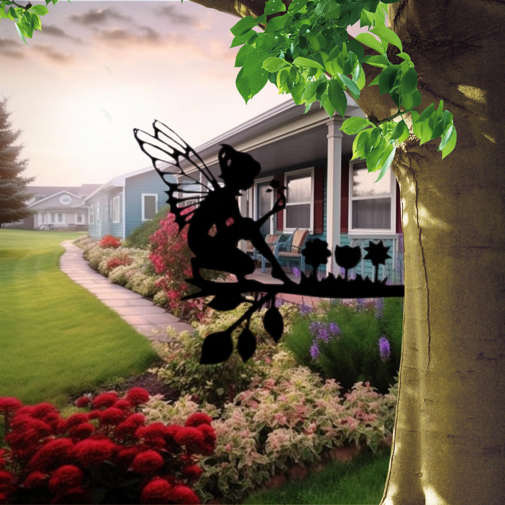 Fairy Flower Picker on Branch Metal Wall Art Statue