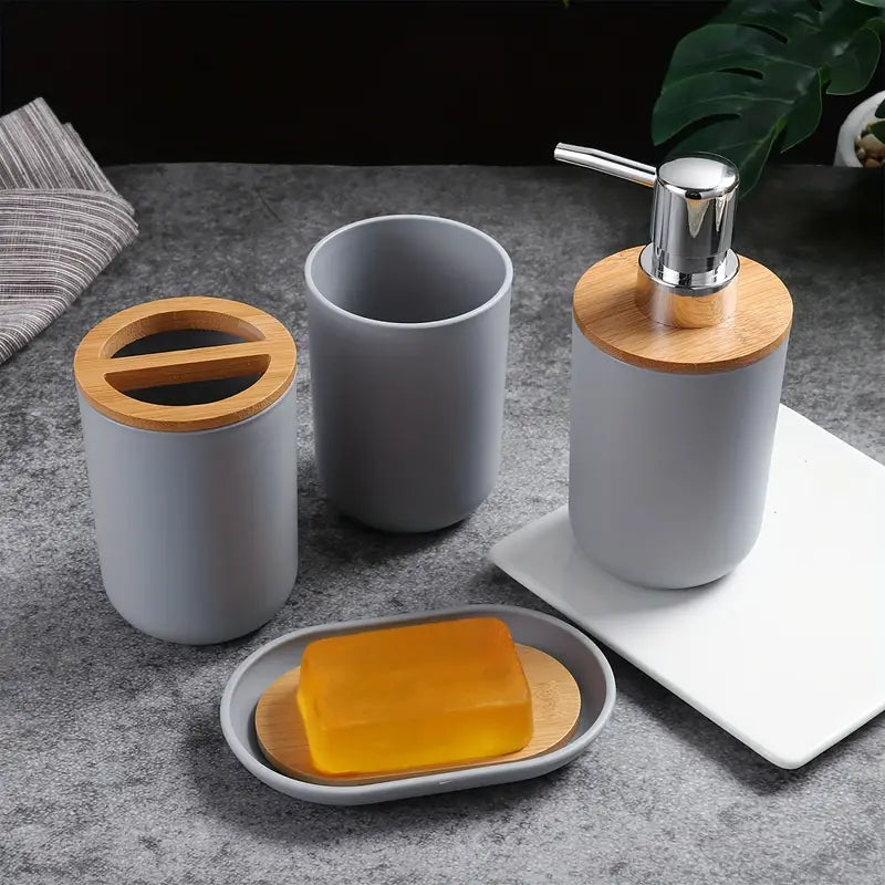 Set of 4 Bathroom Toiletries with Bamboo Cover (350ml)