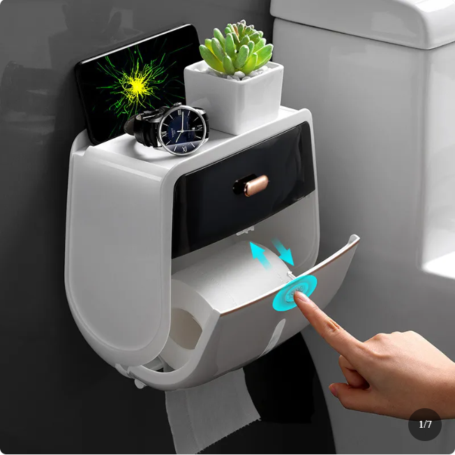 Waterproof Wall-Mounted Bathroom Tissue Box with Shelf – Black/Gray